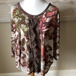 For Cynthia brown print top with ruffle front